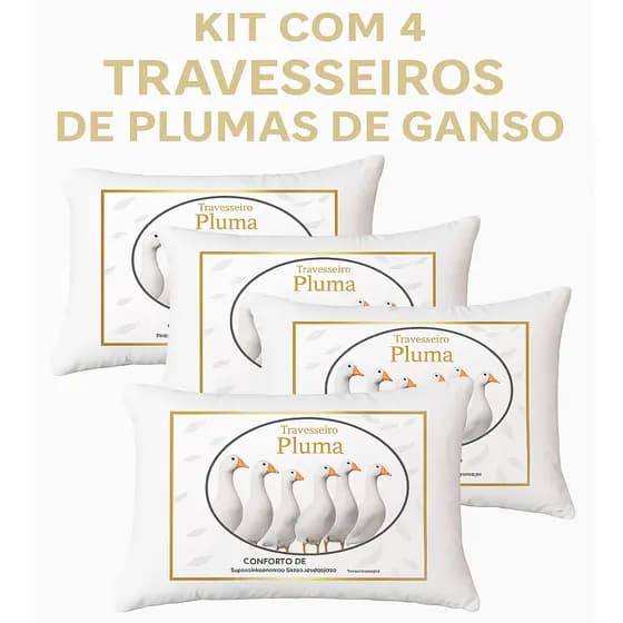 Kit 4 Travesseiro 100% Pluma de Ganso 50x70cm Macio e Antialérgico
