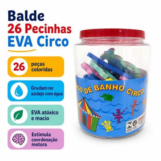Balde 26 Pecinhas EVA Circo Jogo de Banho Infantil Educativo
