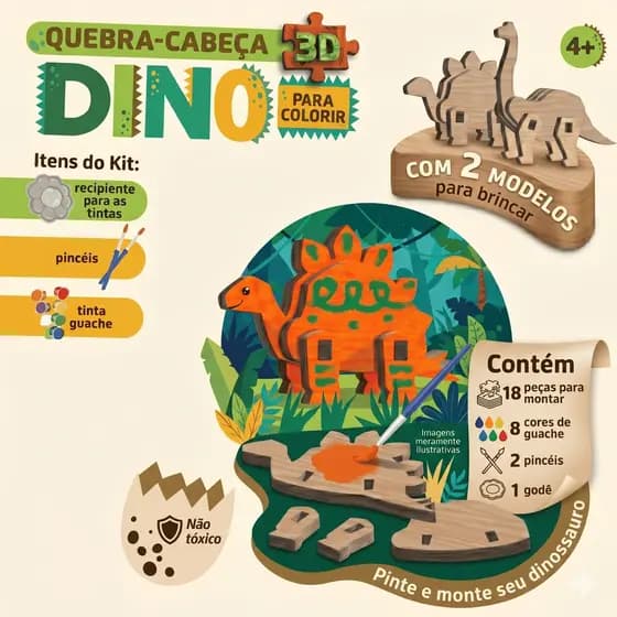 Brinquedo Pedagógico Quebra Cabeça Dinossauro Madeira Kit Pintura Infantil Menino Menina Educativo