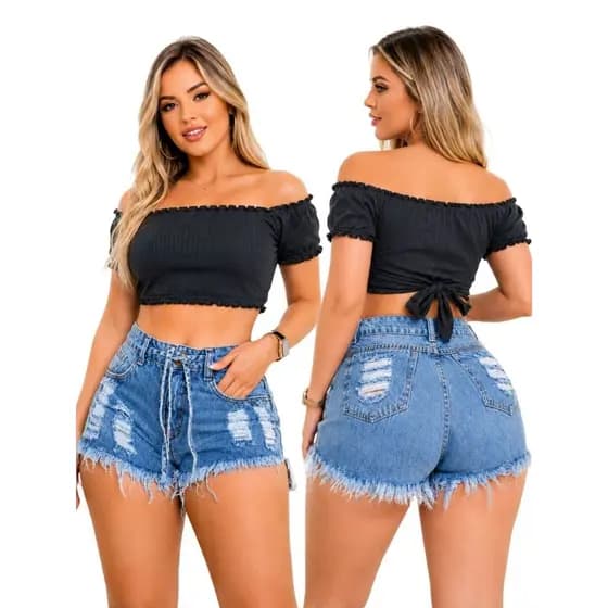 Short Feminino Jeans Cintura Alta Desfiado C/ Lacinho Elegante
