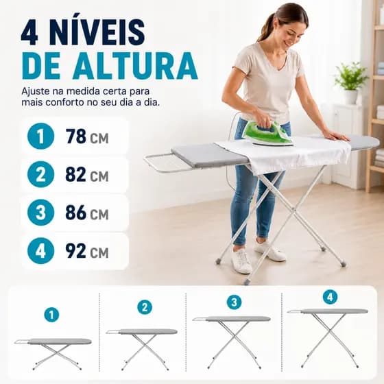 Tábua de Passar Roupa Dobrável Extra Forte Jel Lar com 4 Alturas e Porta Ferro