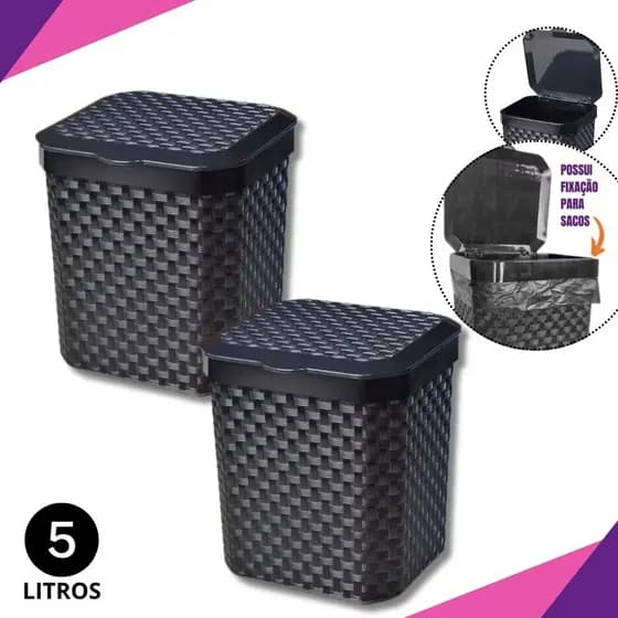 Kit ate 2 Lixeiras Cesto 5 Litros Rattan Preta Com Tampa Cozinha Escritório Bancada