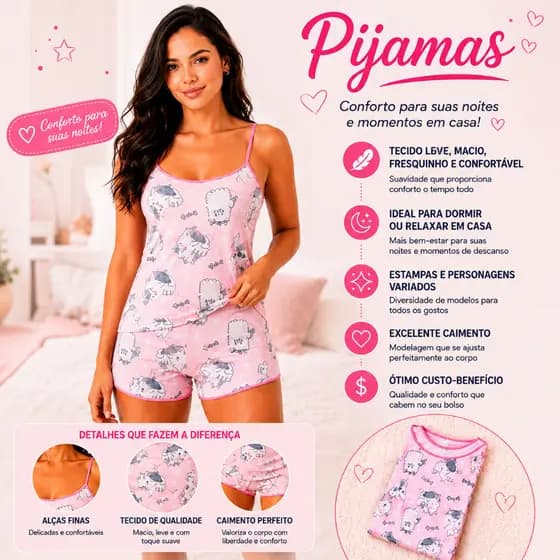 Pijamas Baby Doll Feminino Conjuntos Pijama Short Doll Feminina Estampas Exclusiva