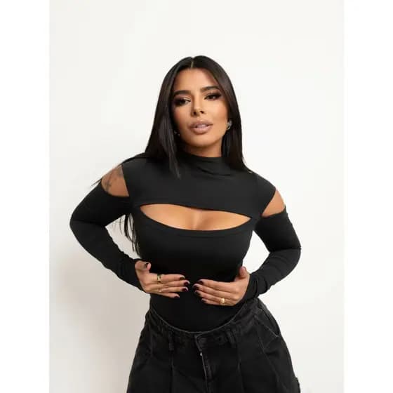 Body Feminino Bori Manga Longa Recorte Busto Vazado na Manga Gola Alta Chic Collant Atemporal Segunda Pele