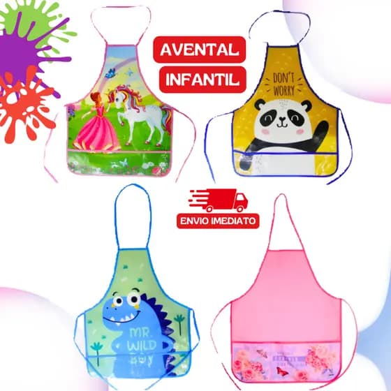 Avental Infantil Com Bolso Escolar Pintura Culinária Poliester Menina Menino