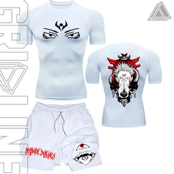 Kit Camiseta Compressão e Short compressão 2 Em 1 Ryomen Sukuna Face Art Anime Manga Geek Full