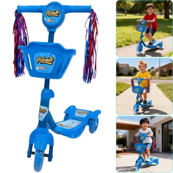 Patinete Três Rodas Estabilidade Máxima Freio Traseiro Para Crianças de 4 a 8 Anos Até 35 Kg Com LED e Música Cesto