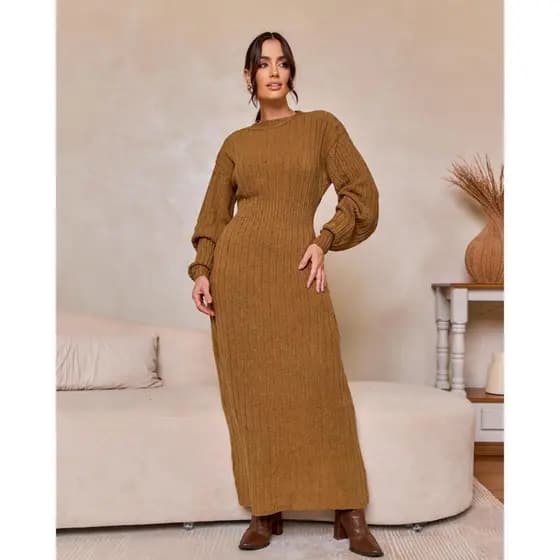 Vestido Manga Longa Feminino Trico Tricot Vestido Longo Croche Lançamento