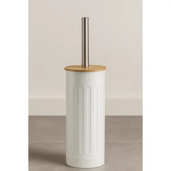 Escova Sanitária Aço Tampa Bambu Fluted Branco Limpeza Eficiente Premium