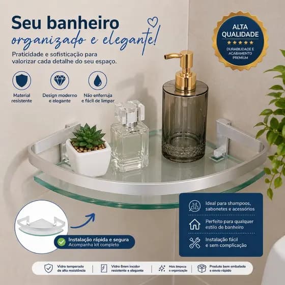 Porta Shampoo De Canto Vidro 8mm Incolor Premium Suporte Banheiro Luxo Alumínio