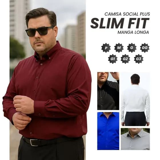 Camisa Social Manga Longa Slim Masculina Lisa Plus Size