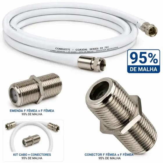 CABO DE ANTENA TV DIGITAL 95% MALHA COM CONECTORES + EMENDA F FÊMEA X FÊMEA