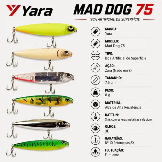 Isca Artificial peca de Superfície Yara Mad Dog 7,5cm 8g Tucunaré Traíra Dourado