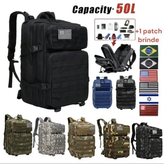 Mochila 50 Litros + 1 PATCH Tática Militar Camuflada Exército Camping viagem Resistente a Água
