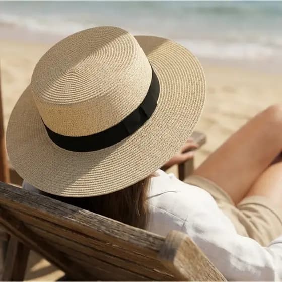 Chapéu de Palha Feminino Aba Média Elegante com Fita Preta | Ideal para Praia, Piscina e Viagens