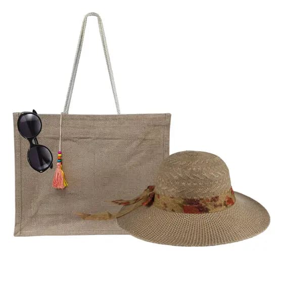 Kit Praia Verão Com Chapéu, Bolsa, Sacola De Palha E Oculos De Sol Feminino Básico Piscina, Passeios