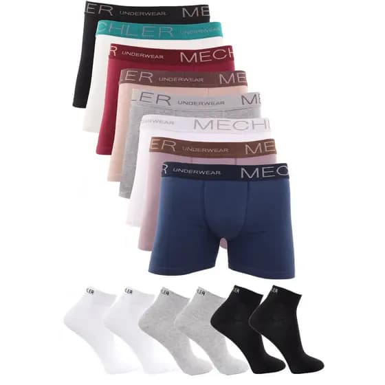 Kit 8 Cuecas Boxer Algodão e 6 Meias Mechler Multicolorido