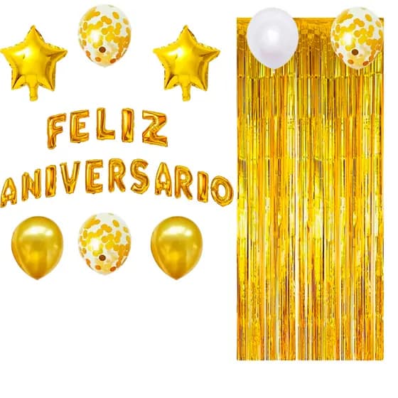 Kit Decoração Completa Feliz Aniversario Com Balões De Látex Frase e Cortina