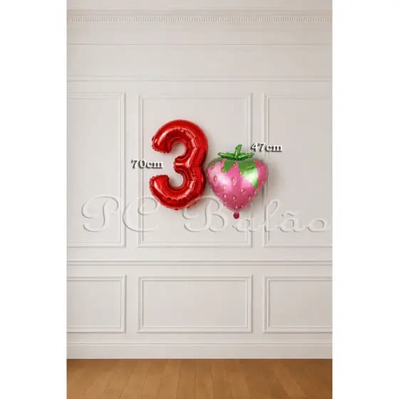 Kit Balão Metalizado 1 MORANGO 60CM + 1 Número 70CM VERMELHO FESTA FRUTA ANIVERSÁRIO MORANGUINHO