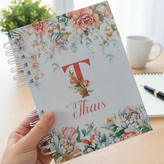 Caderno A5 Floral Rosa e Azul personalizado com inicial e nome