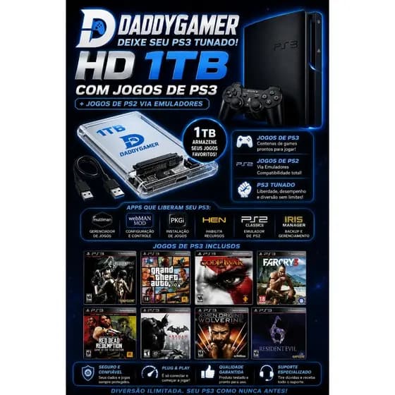 1tb Hd Ext P/ PLAYSTATION 3 ( Jogue ps2 no seu ps3 hen)