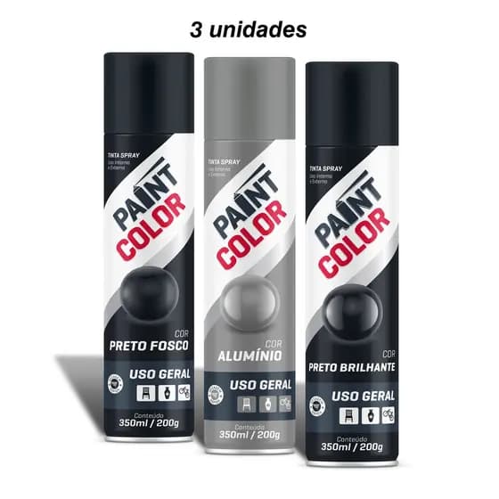 3 Tinta Spray de Uso Geral Paintcolor 350ml Preto Brilhante / Preto Fosco / Alumínio - 3 Unidades