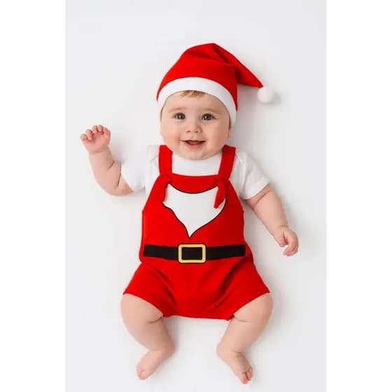 Macacão De Natal Bebê Menino Mesversário Temático Papai Noel Ensaio Com Gorro Roupa Festa Natalina Com Camiseta e Gorro