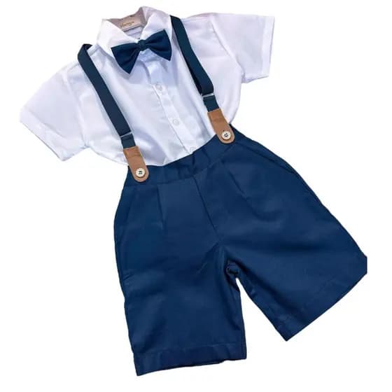 Roupa Social Infantil Meninos Conjunto Camisa Gravatinha, Suspensório e Short Marinho Festa Formatura Casamento