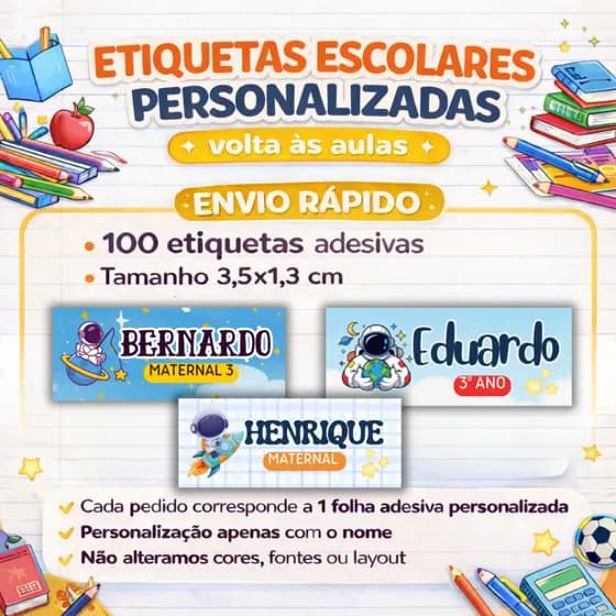 ENVIO RÁPIDO- 100 Etiquetas escolar ASTRONAUTA personalizada | adesivo personalizado volta as aulas