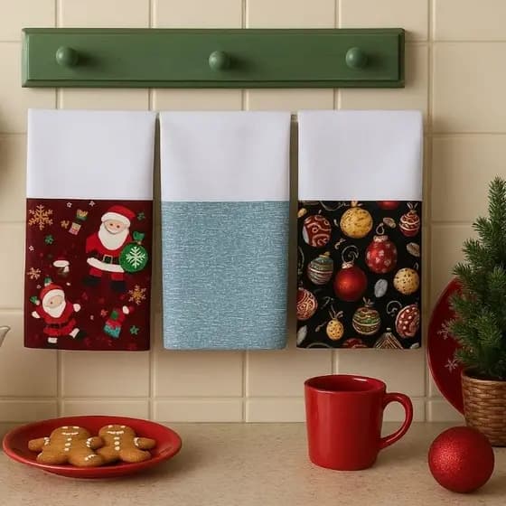 Pano de Prato Kit 3 Natalino Decorativo Toalha de Louça Cozinha Copa Natal 100% Algodão