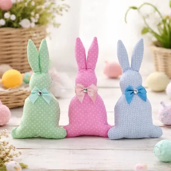 Kit 3 Coelhos Decoração Páscoa de Tecido 100% algodão Rosa Verde Azul com Laço