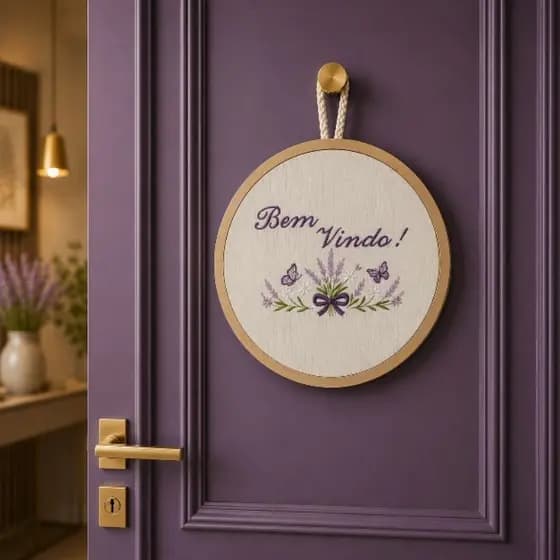 Bastidor Enfeite de Porta Lavanda Bordado Bem Vindo Lavabo