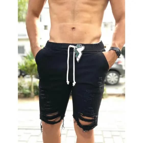 Bermuda jogger jeans Destroyer, bermuda jogger masculina, bermuda preta, Jeans colorida rasgadinha