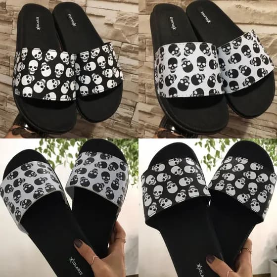 Chinelo Slide Solaris Caveiras Branco Com Preto