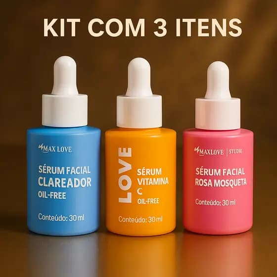 Kit c/ 3 Sérum Max Love Rosa Mosqueta + Vitamina C + Clareador De Manchas Rosto skin care Anti Idade
