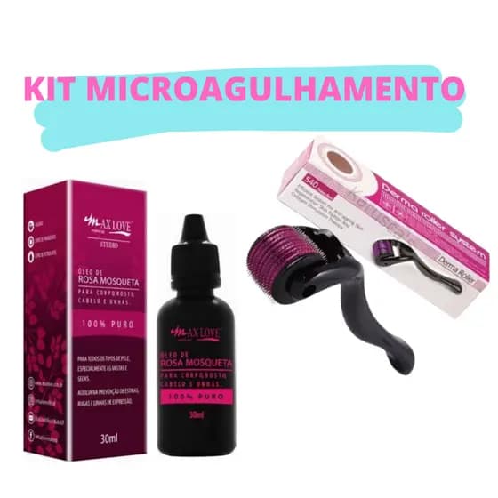 Kit Microagulhamento Dermaroller e Óleo de Rosa Mosqueta 100% Puro Para Estrias Rugas Cabelo e Unha