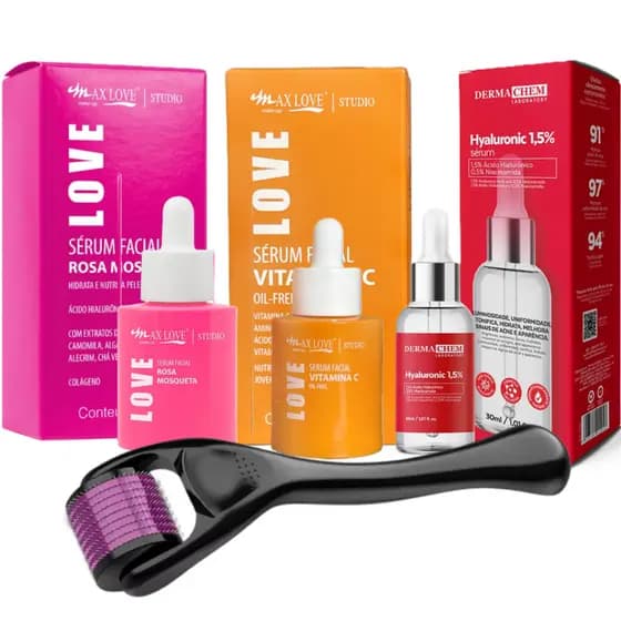 Kit Microagulhamento Facial Dermaroller + Vitamina C + Rosa Mosqueta + Ácido Hialurônico Rejuvenescimento Rugas Completo