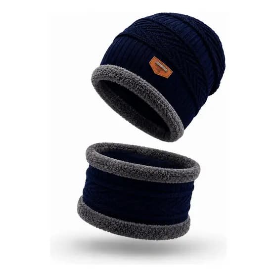Kit Gorro Touca Inverno Forrado+gola Térmica Unissex Lã Azul Marinho