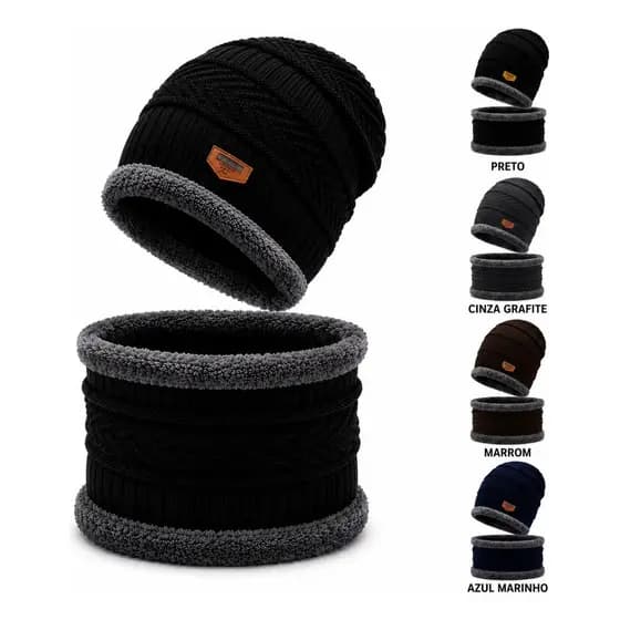 Kit Gorro Touca Inverno Forrado+gola Térmica Unissex Lã Preto