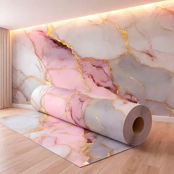Papel de Parede Mármore Adesivo Rosa Dourado e Branco Para Quarto Salão de Beleza