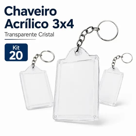 Kit 20 Chaveiros Acrílico 3x4 com Argola Transparente Cristal para Personalizar Atacado Evento