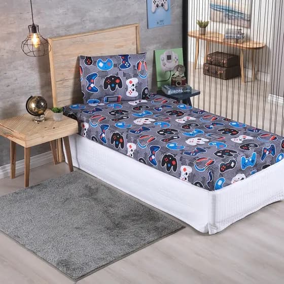 Jogo de Cama Alegria 2 Peças Play Game Astronauta Dino Unicórnio Conforto Macio Estampado Enxoval Cama Quarto Criança