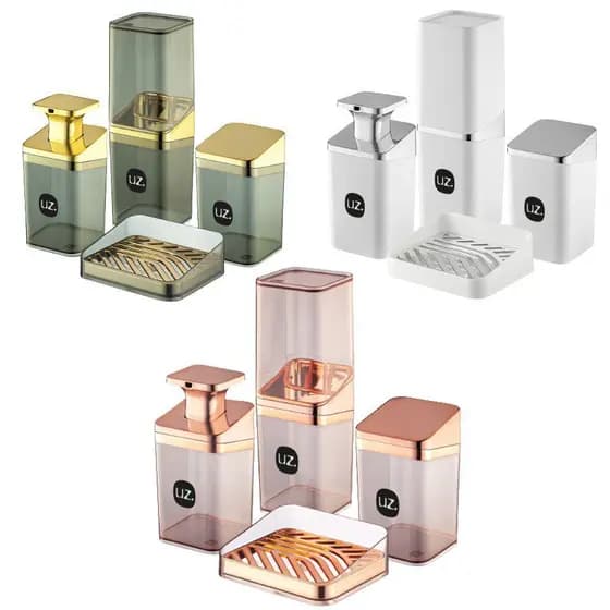 Kit Higiene Luxo 4 Peças P Banheiro C Porta Escova, Sabonete Líquido, Porta Algodão E Saboneteira Uz