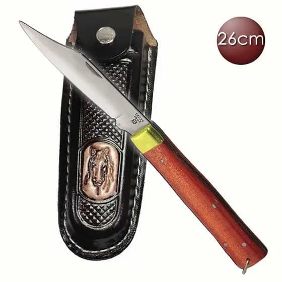 Canivete Trevo Churrasqueiro Extra Grande 26cm Aço Inox Cabo Madeira + Bainha em Couro Legítimo