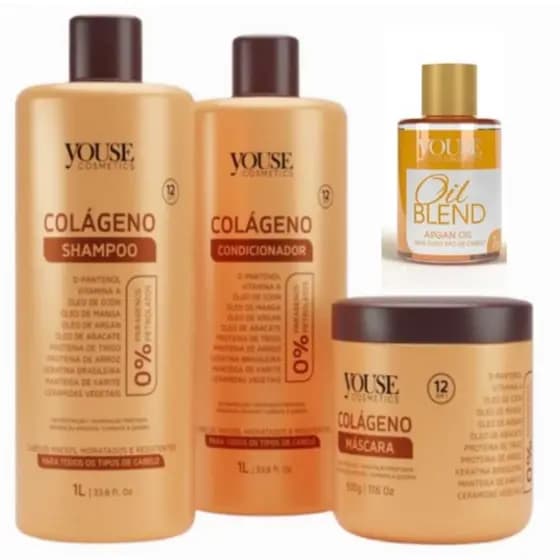 Kit Tratamento Shampoo Condicionador e Máscara Colágeno 12 Benefícios 500gr YOUSE
