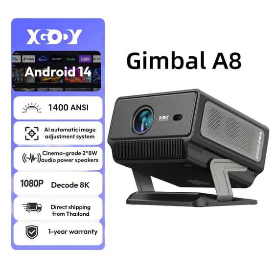 ~Novo~ Projetor XGODY Gimbal A8 1400 ANSI 2+16GB com Calibração Inteligente, Projetor Portátil com Android 14.0