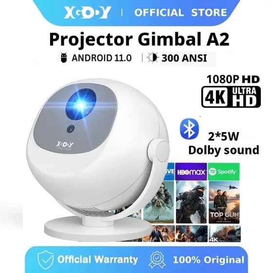 Projetor XGODY Gimbal A2 Android 11 HD 1080P Foco Elétrico Alto-Falante Embutido 2x3W 300 ANSI Home theater