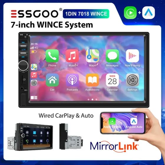 ESSGOO 1/2 Din 7018B Som Automotive com Fio, CarPlay e Rádio FM com Tela Sensível ao Toque HD 7" e Reprodutor de MP5