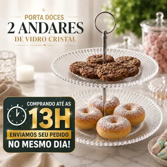 Porta Doces 2 Andares Vidro Cristal 22,5cm Luxo Sofisticado Frutas Bolos Resistente