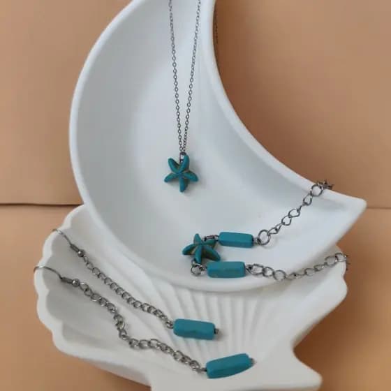 Colar Brinco Pulseira Aço Inoxidável com Turquesa Conjunto 3 peças
